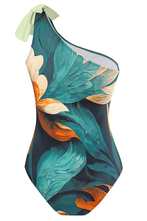 Rebadress Bow One Shoulder One-piece Swimsuit Ruffle Cover Up Skirt Printed Set