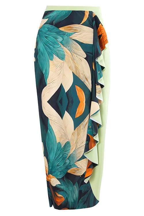 Rebadress Bow One Shoulder One-piece Swimsuit Ruffle Cover Up Skirt Printed Set