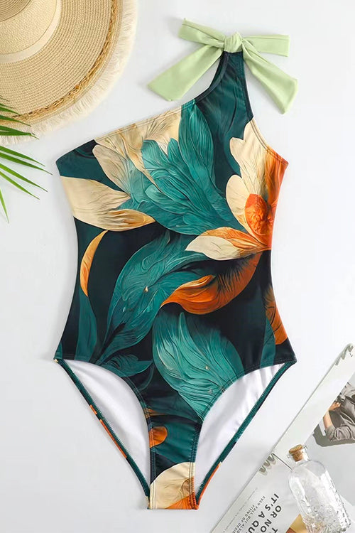 Rebadress Bow One Shoulder One-piece Swimsuit Ruffle Cover Up Skirt Printed Set
