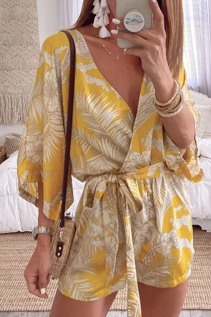 Rebadress Wrap V Neck Leaf Print Batwing Romper