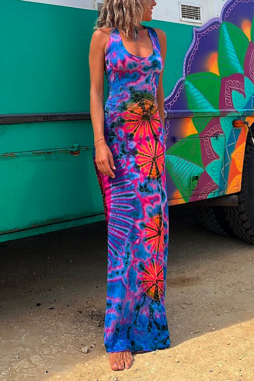 Rebadress Criss Cross Backless Tie Dye Maxi Cami Dress