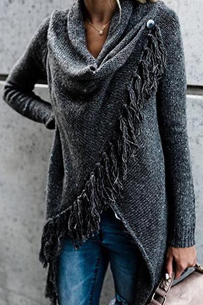 RD Cowl Neck Tassel Irregular Sweater