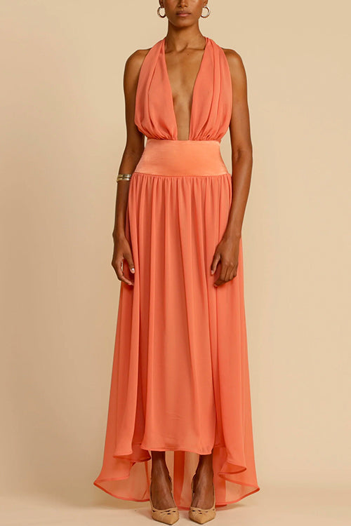 Rebadress Deep V Neck Halter Backless Flowy Maxi Party Dress