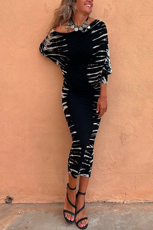 Rebadress Cold Shoulder Batwing Sleeve Waisted Tie Dye Dress