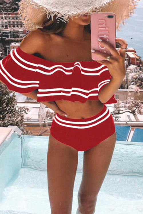 RD Off Shoulder Stripe Ruffle Bathing Suit