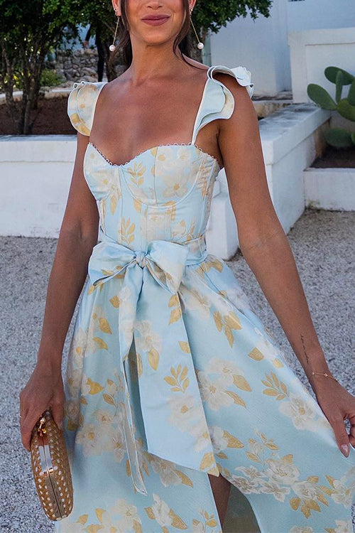 Rebadress Ruffled Shoulder Bow Knot Waist Slit Printed Vintage Party Dress