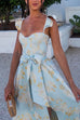 Rebadress Ruffled Shoulder Bow Knot Waist Slit Printed Vintage Party Dress