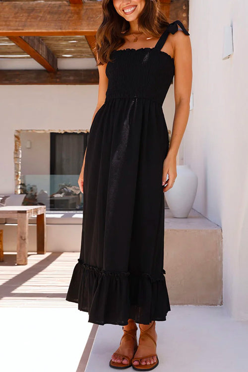 Rebadress Wide Straps Bow Shoulder Smocked Ruffle Maxi Dress