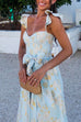 Rebadress Ruffled Shoulder Bow Knot Waist Slit Printed Vintage Party Dress