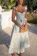 Rebadress Ruffled Shoulder Bow Knot Waist Slit Printed Vintage Party Dress