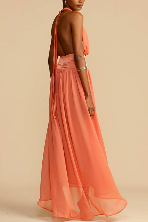 Rebadress Deep V Neck Halter Backless Flowy Maxi Party Dress