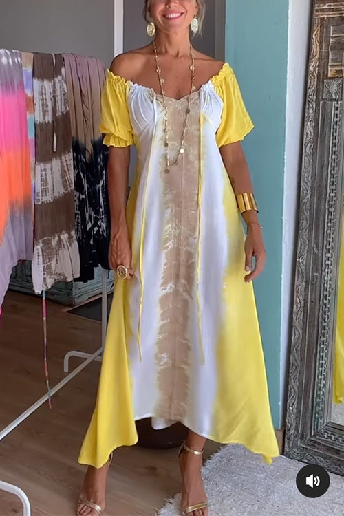 Rebadress Drawstring Off Shoulder Short Sleeve Tie Dye Maxi A-line Dress