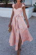 Rebadress Ruffled Shoulder Bow Knot Waist Slit Printed Vintage Party Dress