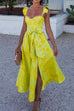 Rebadress Ruffled Shoulder Bow Knot Waist Slit Printed Vintage Party Dress