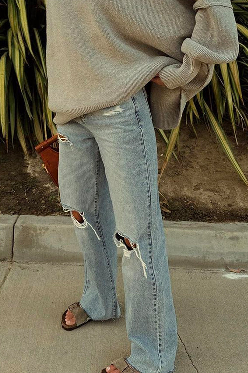 Rebadress Raw Hem Straight Leg Ripped Denim Pants