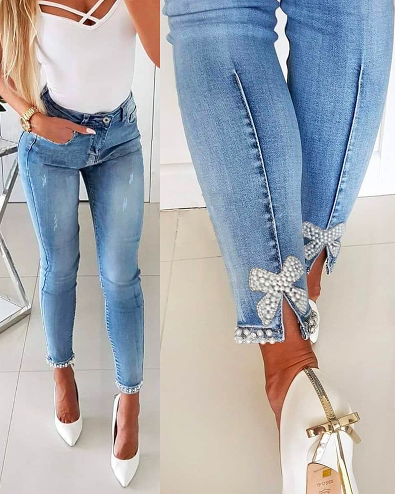 Rebadress Bow Knot Pearl Beaded Pencil Denim Pants
