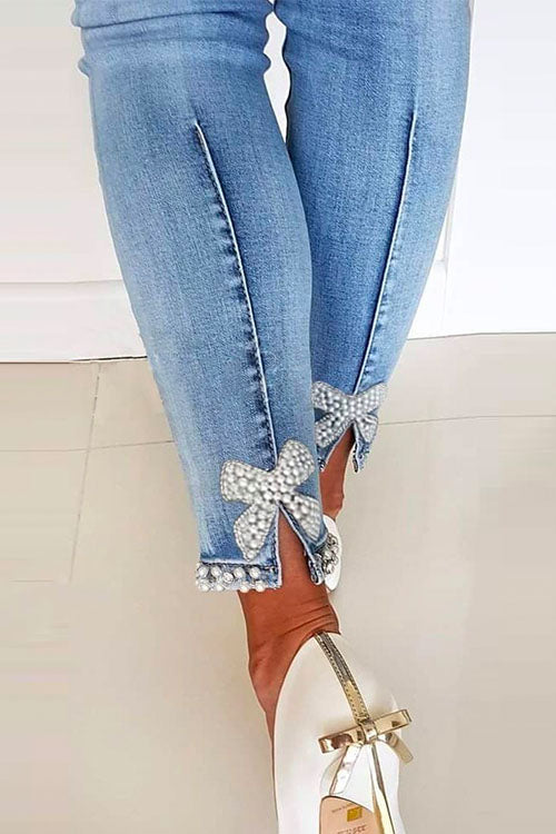 Rebadress Bow Knot Pearl Beaded Pencil Denim Pants
