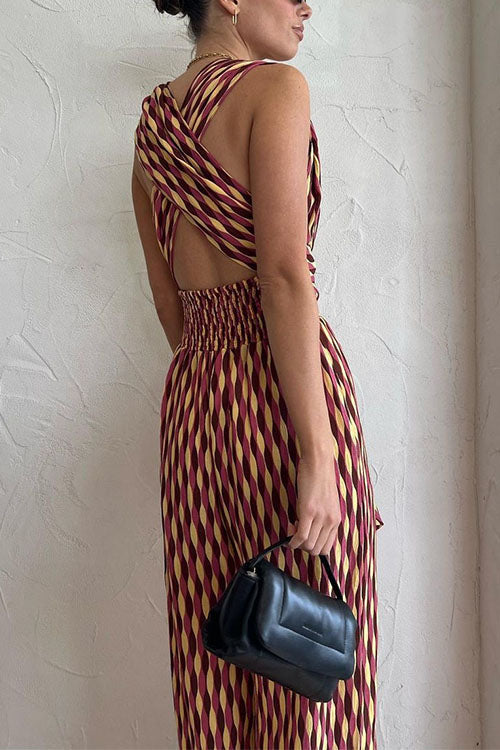 Rebadress Chic Back Criss Cross Knot Waist Wide Leg Printed Jumpsuit