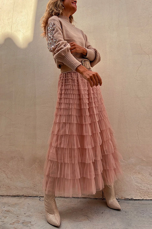 Rebadress Tulle Layered Ruffle Mesh Maxi Skirt