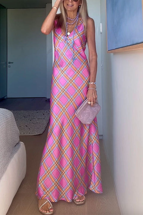 V Neck Sleeveless Plaid Maxi Dress