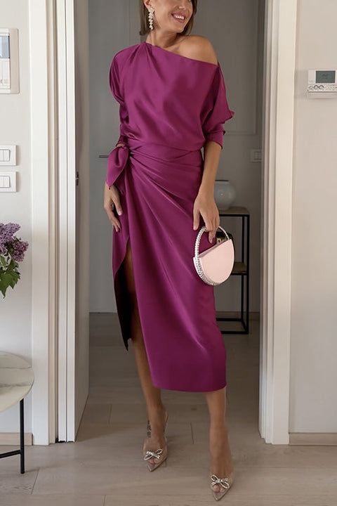 Boat Neck Long Sleeves Tie Knot Waist Slit Satin Midi Dress