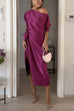 Boat Neck Long Sleeves Tie Knot Waist Slit Satin Midi Dress