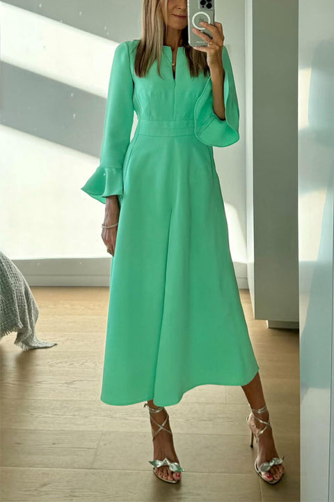 Bell Sleeves Front Half Zipper A-line Midi Dress