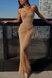 Rebadress Strapless Ruched Glitter Mesh Bodycon Maxi Gown