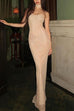 Rebadress Strapless Ruched Glitter Mesh Bodycon Maxi Gown