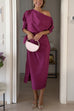 Boat Neck Long Sleeves Tie Knot Waist Slit Satin Midi Dress