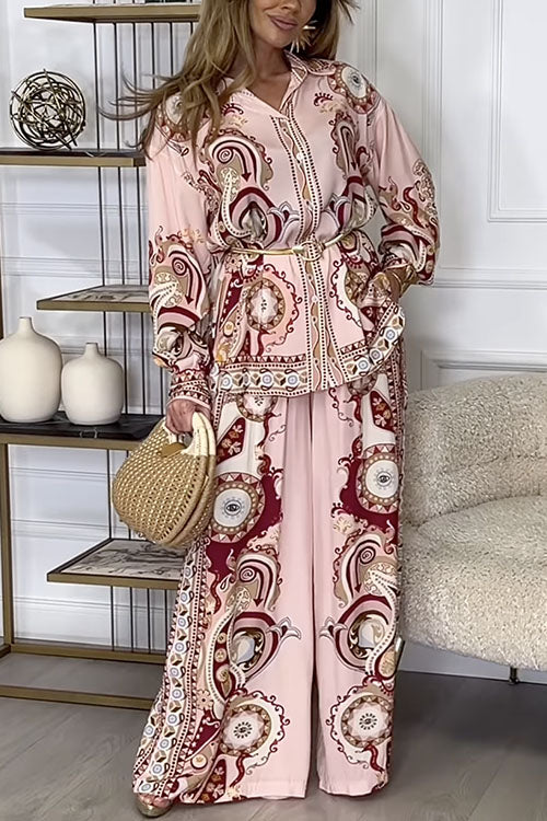Rebadress Unique Print Long Sleeves Button Up Shirt and Wide Leg Palazzo Pants Set