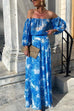 Rebadress Off Shoulder Lantern Sleeves Printed Flowy Maxi Dress