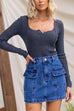 Long Sleeves Button Up Curve Hem Ribbed Knit Top
