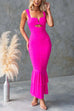 Rebadress Sleeveless Cut Out Ruched Ruffle Bodycon Maxi Dress
