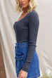 Long Sleeves Button Up Curve Hem Ribbed Knit Top