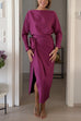 Boat Neck Long Sleeves Tie Knot Waist Slit Satin Midi Dress