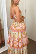 Rebadress Spaghetti Strap Back Lace-up Ruffle Layered Floral Print Maxi Dress