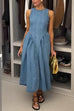 Rebadress Open Back Sleeveless A-line Denim Maxi Dress