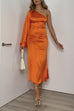 One Shoulder Bell Sleeve Side Slit Satin Midi Dress