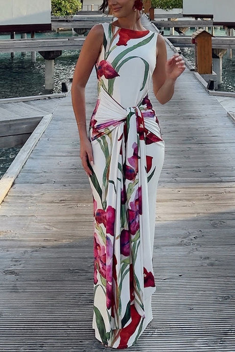 Rebadress Sleeveless Tie Waist Floral Print Bodycon Maxi Dress