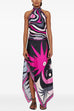 Rebadress Printed Halter Tie Knot Backless Top and Irregular Hem Maxi Skirt Set