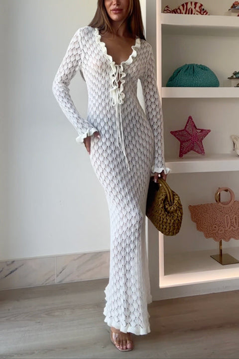 Rebadress V Neck Lace-up Ruffle Trim Knit Crochet Maxi Dress