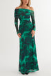Off Shoulder Long Sleeves Watercolor Print Maxi Dress