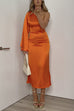 One Shoulder Bell Sleeve Side Slit Satin Midi Dress