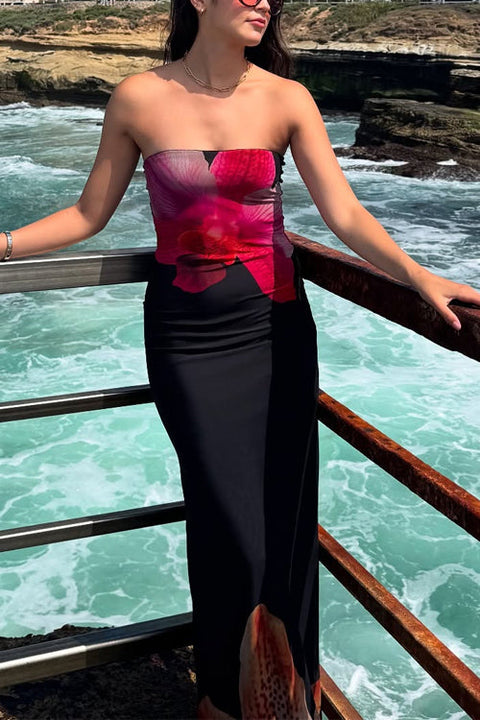 Strapless Tube Flower Print Bodycon Maxi Dress