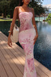 Rebadress Strapless Floral Print Mesh Bodycon Maxi Dress
