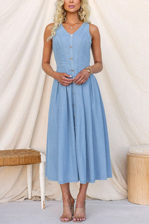 V Neck Sleeveless Button Up Waisted Denim Swing Midi Dress