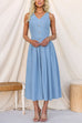 V Neck Sleeveless Button Up Waisted Denim Swing Midi Dress