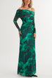 Off Shoulder Long Sleeves Watercolor Print Maxi Dress