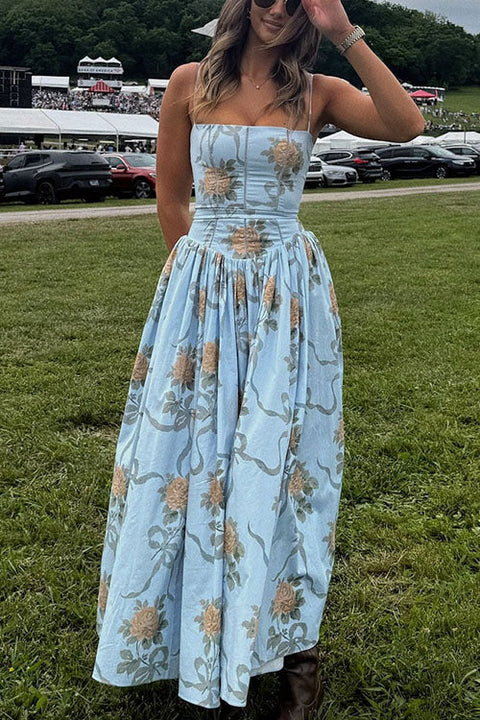 Rebadress Spaghetti Strap Waisted Floral Print A-line Maxi Dress